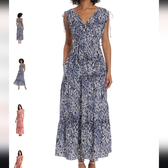 Maggy London Sloan Tiered Maxi Dress Abstract Swirt Print In White/Navy Size 10 - Picture 1 of 6